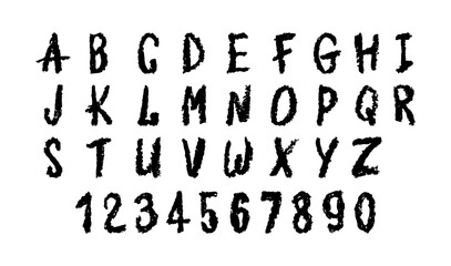 English alphabet and numbers 0-9, hand-drawn in a black wax crayon or chalk style on a board. Highlighter effect, perfect for kindergarten drawing, learning, and creative design. Vector illustration