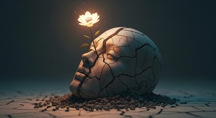 Rebirth of Thoughts: A human head sculpture breaks open, sprouting a radiant flower that symbolizes rebirth, new beginnings, and resilience amid adversity. 