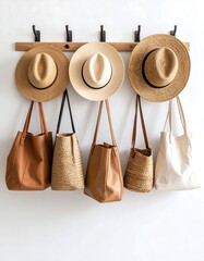 Neutral Tote Bags and Straw Hats Hanging on a White Wall