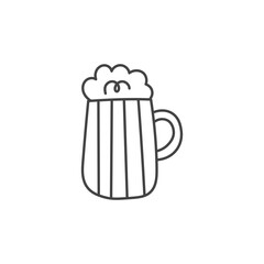 Beer Mug with Foam Doodle Icon. Lager or Ale. Hand drawn alcohol drink symbol. Oktoberfest sign. Line art Sketch style. Vector illustration