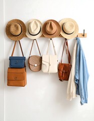 Stylish Hats and Handbags on a White Wall Rack