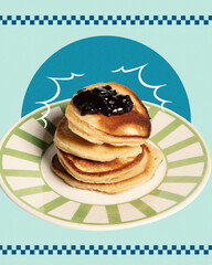 Folk style art collage. Stack of golden pancakes with jam of berries on top against blue background with comic style elements. Copy space. Concept of breakfast, sweet meal, take away menu.