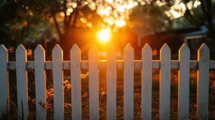 Sunset through a white picket fence