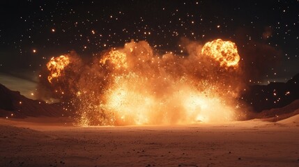 Obraz premium Detonation in desert sand with lots of smoke, fire and sparks at night