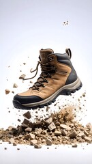 Tan and Black Hiking Boot Levitating Above Rocks