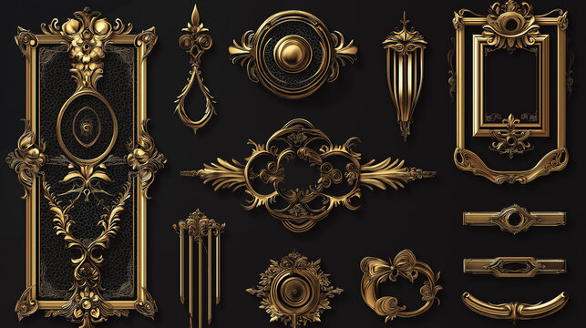 Elegant golden baroque style design elements arranged against a dark black background