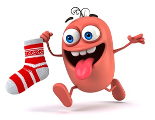 Playful Coral Cartoon Character Holding Christmas Stocking