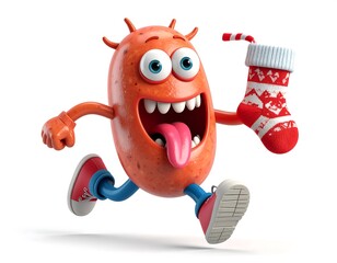 Playful Orange Monster Running with Christmas Stocking