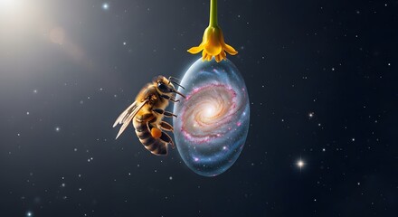 Cosmic Honeybee: A honeybee hovers near a cosmic sphere resembling a galaxy, delicately suspended from a yellow flower against a backdrop of distant stars.