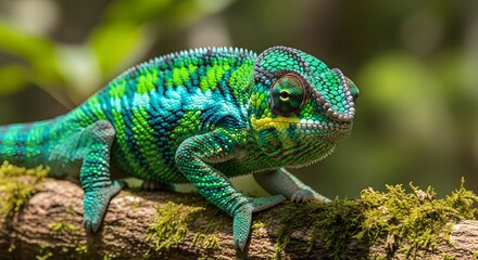 Obraz premium Emerald Camouflage: a vibrant chameleon with its exceptional camouflage abilities, perched on a moss-covered branch, blending seamlessly with the verdant forest.