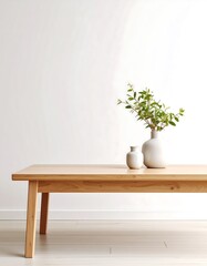 Light Wood Coffee Table with White Vases and Greenery