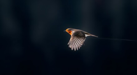 Fototapeta premium Robin in Flight: A robin soars across a dark woodland backdrop in this wildlife photograph. Its brilliant orange breast contrasts beautifully with its gray plumage and the shadowy forest setting.