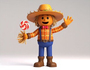 Cheerful Cartoon Scarecrow Holding Lollipop