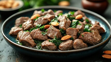 Tender beef cubes with almonds and herbs