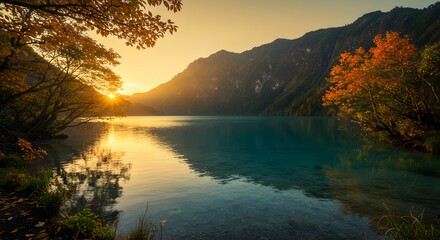 A lake in caldera mountain with sunset scenery in autumn season, generated by Ai