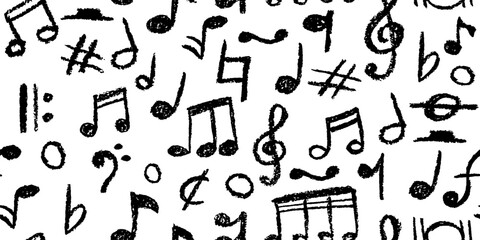 Seamless pattern of charcoal scribble music notes. Vector illustration of a cute childish music school pastel or wax pencil signs. Handwritten black pop doodles for fun kindergarten , vibrant designs.
