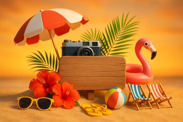 Summer Beach Vacation Mockup with Wooden Sign, Flamingo Inflatable, Camera, Flowers and Tropical Decor on Sandy Background for Text Placement