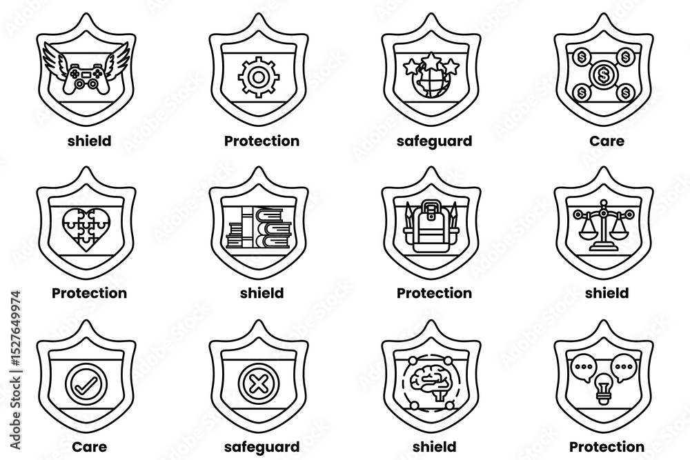 Fototapete the image is a collection of shields with various symbols and words on them