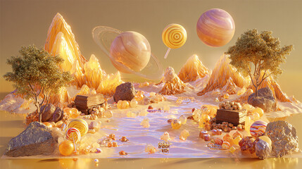 Enchanted Candy Planet - Surreal Sweet Landscape with Chocolate Mountains and Lollipop Moons