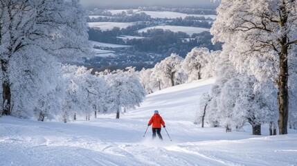 A skier glides down a snowy slope dressed in a bright orange jacket. The scene captures the beauty of winter landscapes. Experience adventure in nature. Generative AI