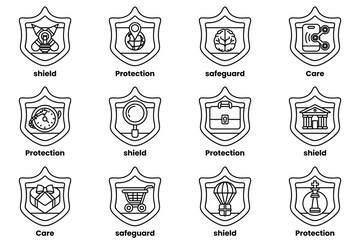 A set of 12 shields with various symbols and words on them
