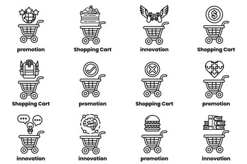 A set of shopping cart icons with various features such as promotion
