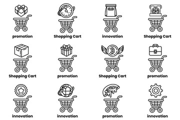 A set of shopping cart icons with a variety of features such as promotion