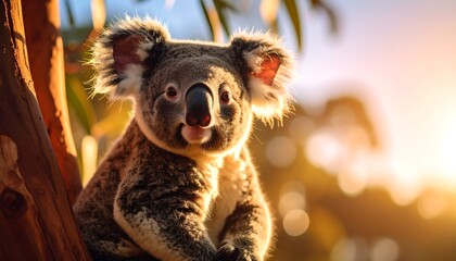 Adorable Koala in Golden Hour Sunlight on Eucalyptus Tree