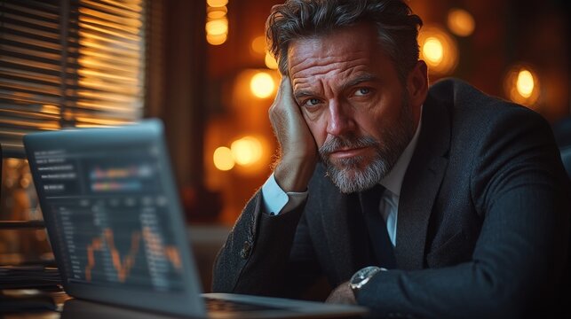 Stressed businessman looking at financial data