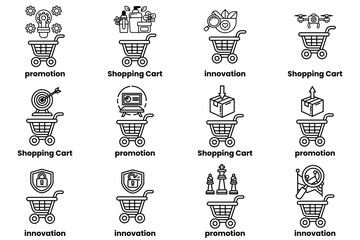 A set of shopping cart icons with the words shopping cart, promotion