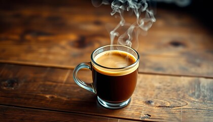 Fototapeta premium Steaming coffee in a ceramic mug on rustic wooden table, illustration, ceramic