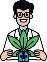 A man in a white lab coat holding a plant next to a house