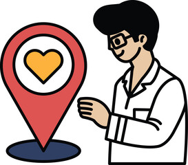 A man is pointing to a red heart on a map