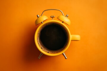 Time for Coffee: Yellow Clock Mug with Fresh Brew on Orange Background - Morning Ritual, Energy Boost, Wake Up Concept
