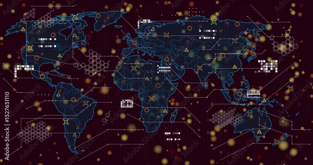 Poster golden dots drifting world map outlines fading icons forming lines linking areas showing data flow