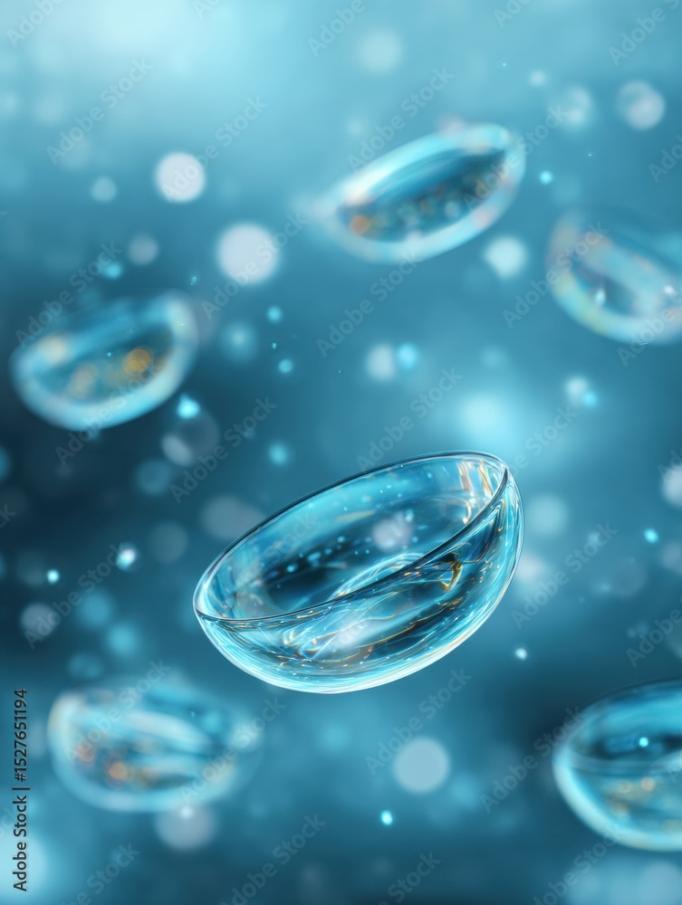 Poster floating contacts illuminated in a serene medical blue atmosphere with a minimalistic upper backgrou