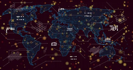 Golden dots drifting world map outlines fading icons forming lines linking areas showing data flow - Powered by Adobe