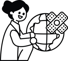 A woman holding a globe with a bandage on it