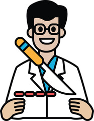 A man in a white lab coat holding a knife and smiling