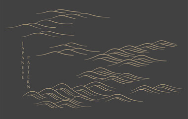 Japanese background with hand drawn wave elements vector. Gold line pattern with ocean object in vintage style.
