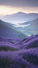 Lavender fields at sunrise, misty mountains in the background