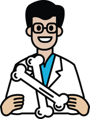 A cartoon doctor holding two bones in his hands