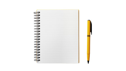 A blank spiral notebook with a yellow pen on transparent backdrop