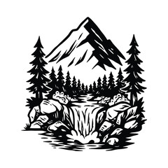 Mountain River Landscape Illustration, Black and White Wilderness Scene, Hand Drawn Forest Nature Vector