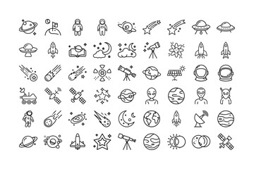 Science and Space Exploration Line Icons | Astronomy, Satellite and Laboratory Symbols