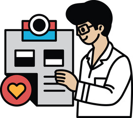 A man in a white lab coat is looking at a clipboard with a heart on it