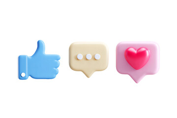 3D Rendered Social Media Icons: Thumb Up, Speech Bubble, and Heart, PNG