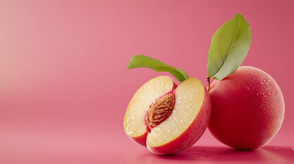 Juicy peach half and whole, water droplets, pink background