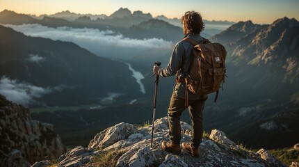 Adventurous hiker with backpack overlooking misty mountain valley during sunrise expedition