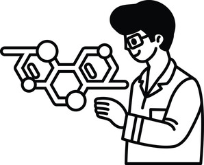 A man in a lab coat is holding a molecule in his hand